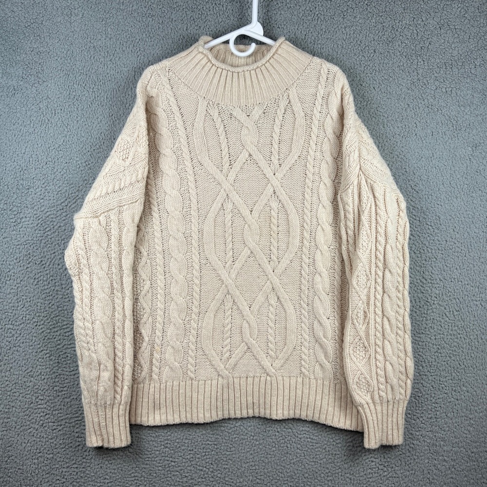 LL Bean Wool Alpaca Blend Cable Knit Mock Neck Sweater Cream XL 523236